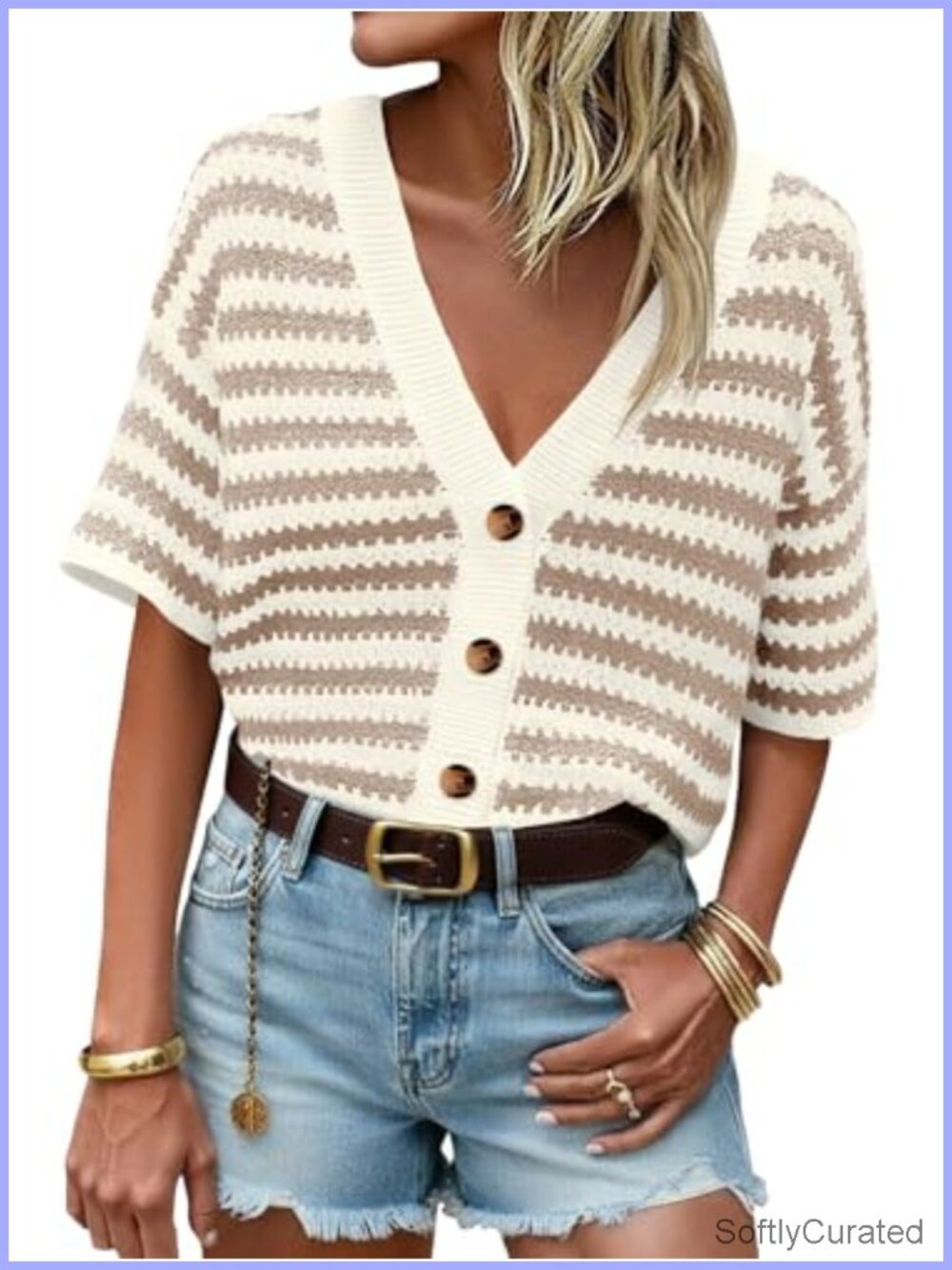 Womens Crochet Striped Short Sleeve Button Up Cardigan Sweater